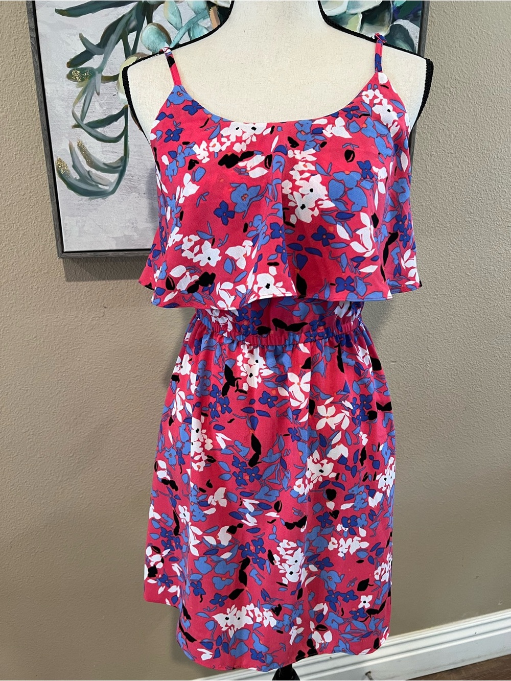 Elle Pink Floral Ruffle Mini Dress with Blue & White Accents